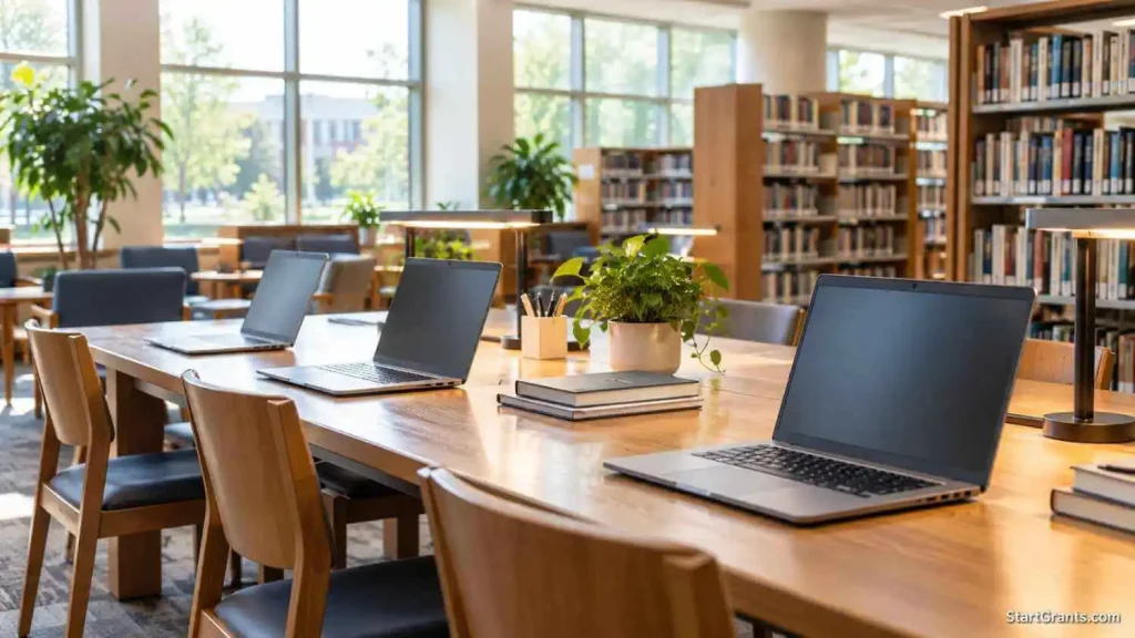 Laptops available in a college library technology area