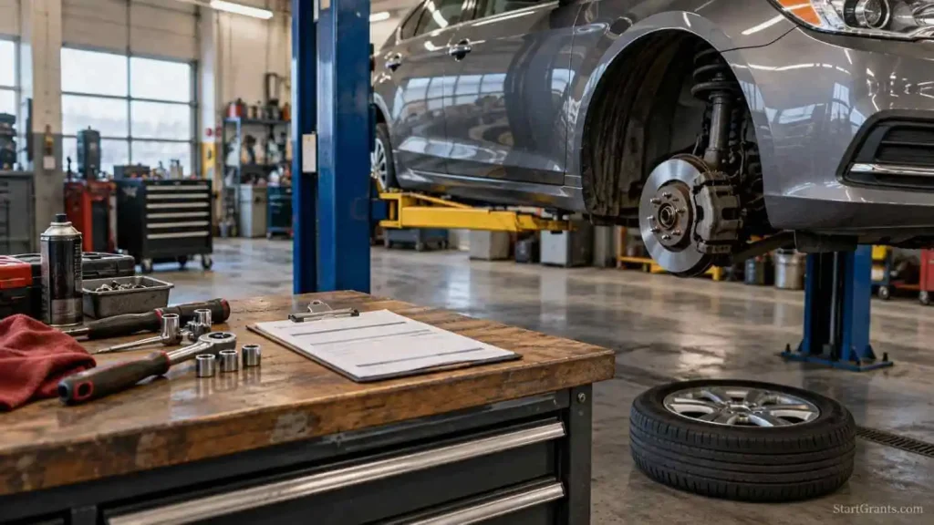 Unoccupied repair bay with a car on a lift, a removed wheel, tools, and a repair estimate.