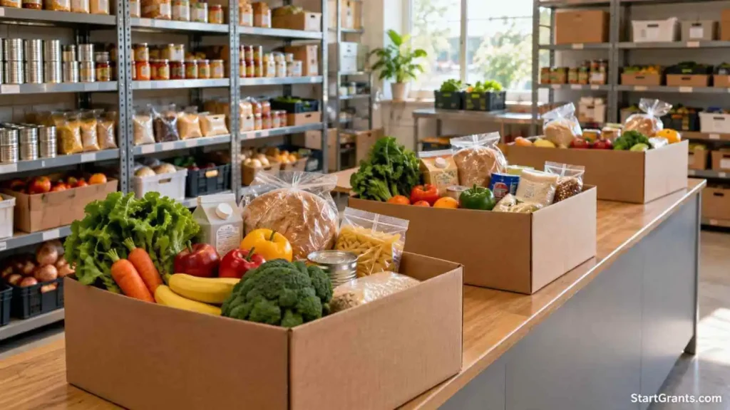 Boxes of produce and pantry staples arranged on shelves at a community food pantry.