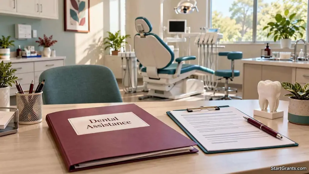 Empty dental clinic with a dental assistance folder, clipboard, and tooth model on a consultation desk.