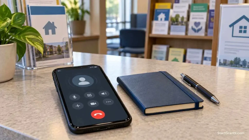 Smartphone on a notebook prepared for a call about emergency housing.