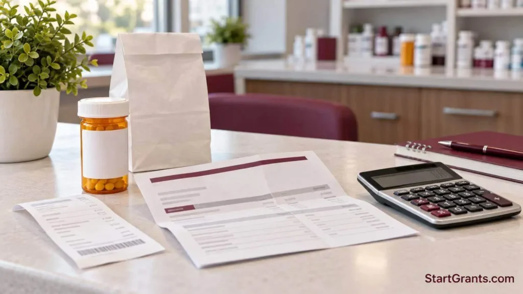 Prescription bag, insurance statement, receipt, and calculator arranged on a clinic counter.