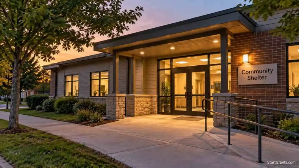 Community shelter entrance illuminated at dusk.