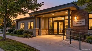 Community shelter entrance illuminated at dusk.