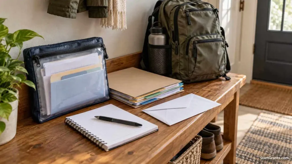 Waterproof document pouch and folder beside a packed backpack.