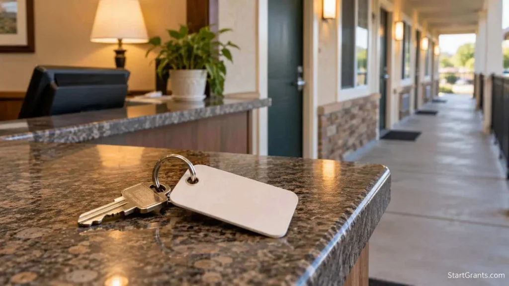 Motel room key on a counter near a clean motel entrance.