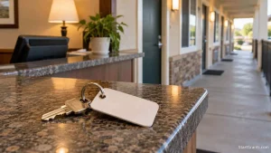 Motel room key on a counter near a clean motel entrance.