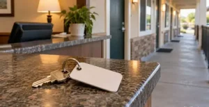 Motel room key on a counter near a clean motel entrance.