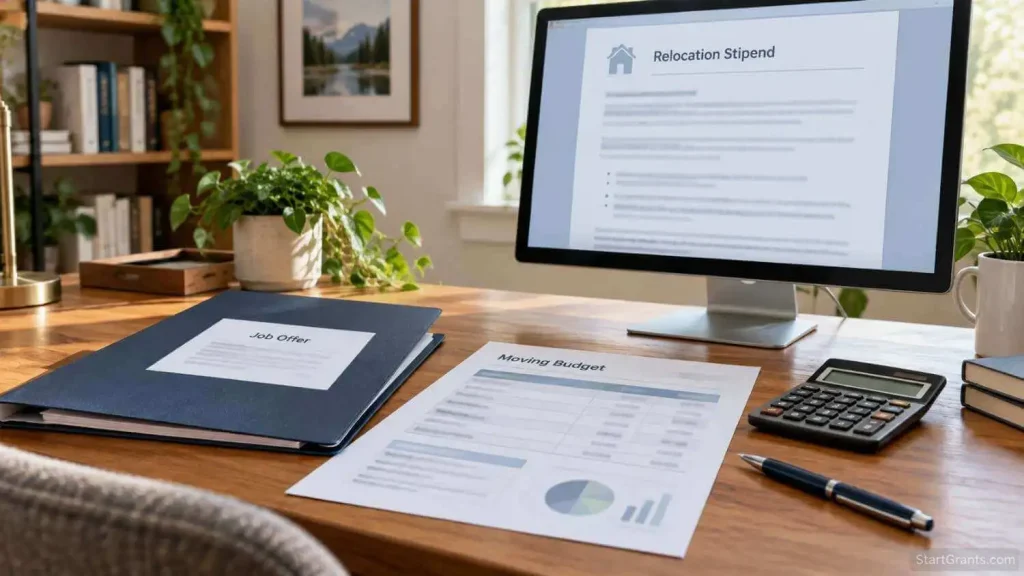 Job offer folder, moving budget, and calculator beside a monitor with an unreadable relocation document.