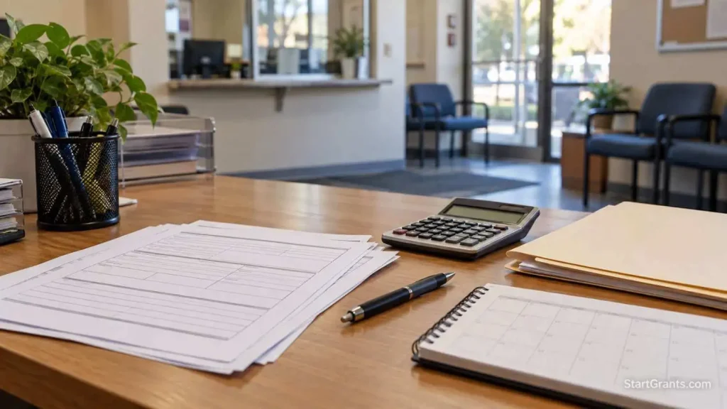 Blank assistance forms, a calculator, pen, and planner on a community service office desk.