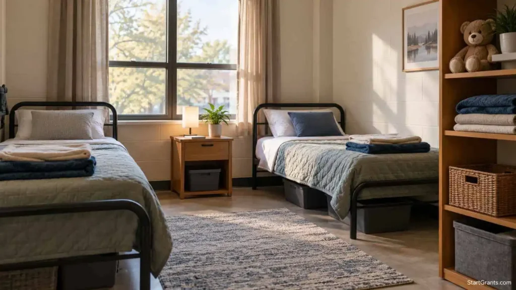 Empty family shelter room with two beds, folded blankets, and a small bedside table.