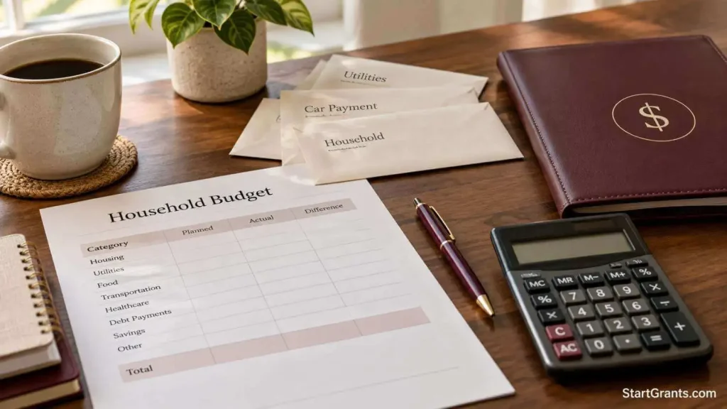 Household bills, budget worksheet, and calculator arranged on a desk.