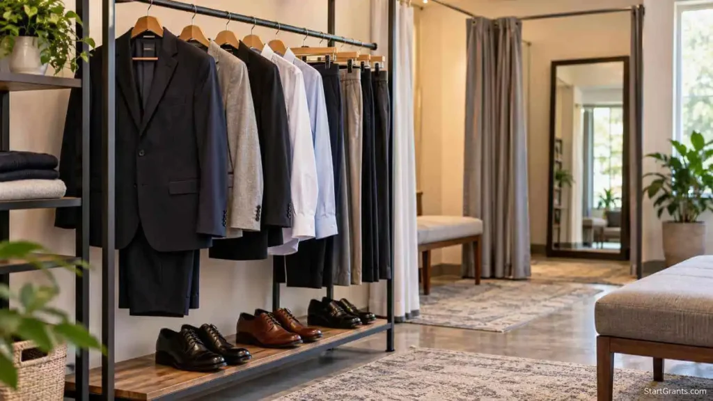 Interview suit, blazer, shirt, trousers, and shoes displayed on racks in an empty employment clothing closet.