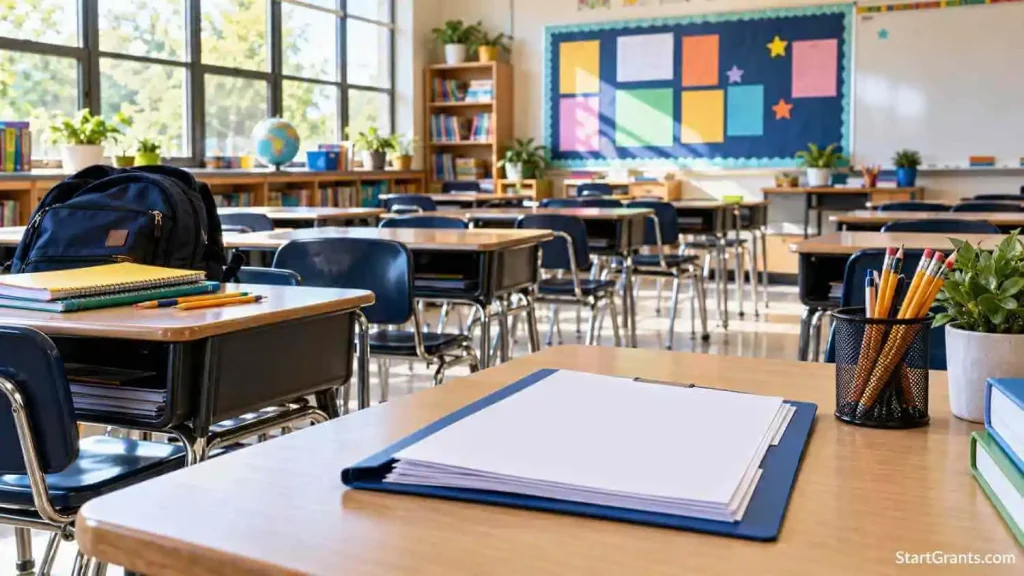 Empty classroom with a backpack, school supplies, and blank enrollment papers on a desk.
