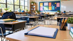 Empty classroom with a backpack, school supplies, and blank enrollment papers on a desk.