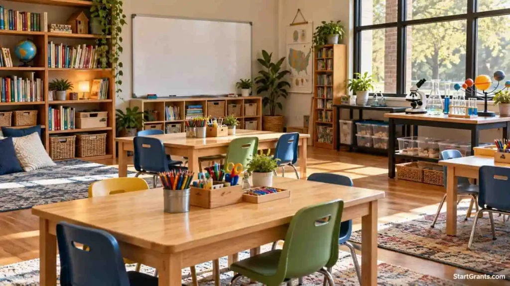 Empty homeschool co-op classroom with shared tables, art supplies, and bookshelves.