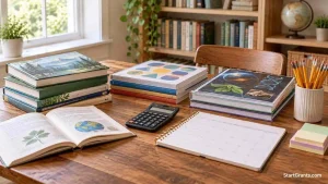 Homeschool curriculum books, workbooks, and a calculator arranged on a home study table.