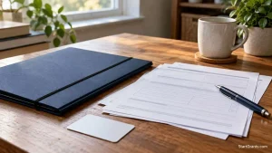 Blank housing assistance forms and a closed folder on a table.