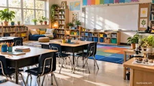 Empty elementary classroom with student desks, bookshelves, art supplies, and a classroom learning station.