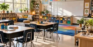 Empty elementary classroom with student desks, bookshelves, art supplies, and a classroom learning station.