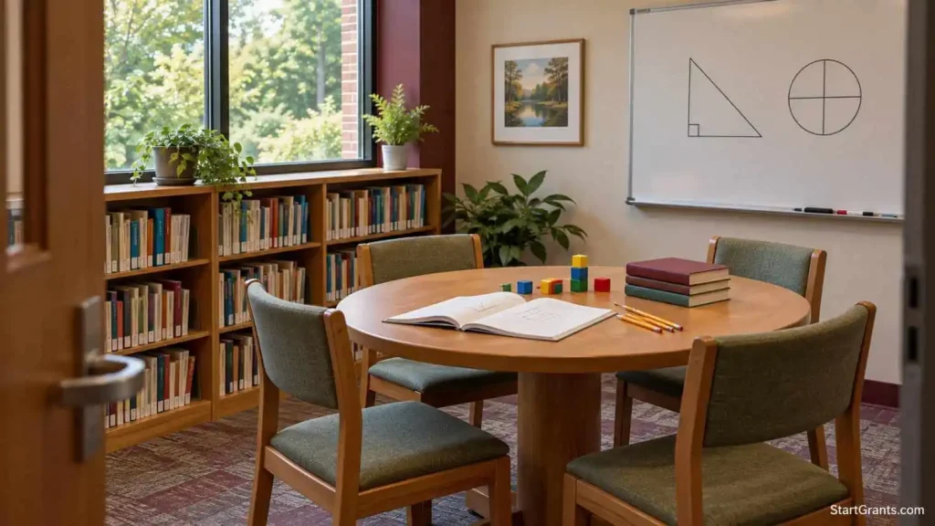 Empty library study room with a round table, workbooks, counting blocks, bookshelves, and a whiteboard.