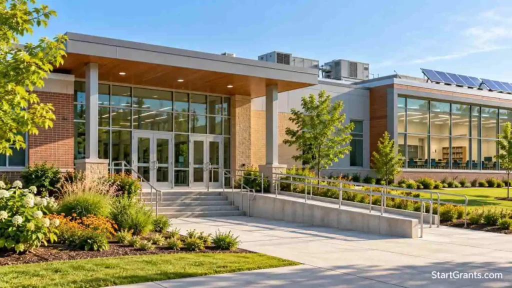 Exterior of a K–12 school building with an accessible entrance, landscaped grounds, and rooftop HVAC equipment.