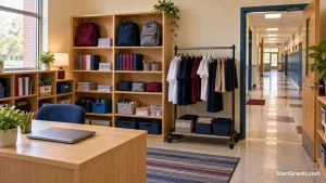 Backpacks and school supplies on shelves beside a uniform rack and a closed laptop in an empty school resource room.