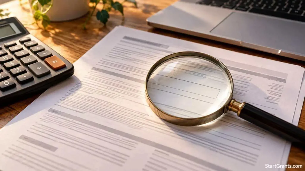 Magnifying glass and calculator beside a laptop payment agreement