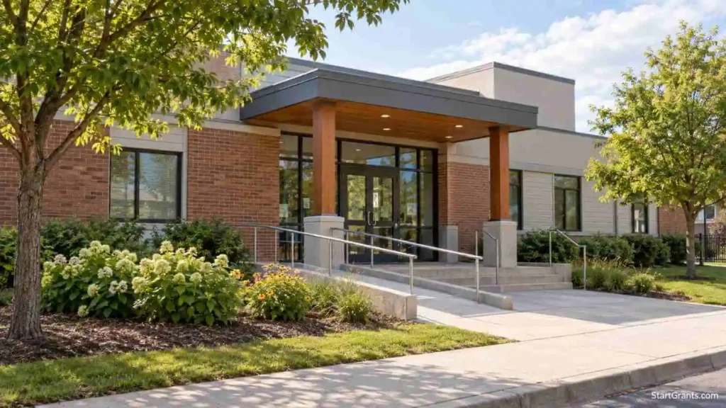 Neighborhood community service center with an accessible entrance and landscaped walkway.