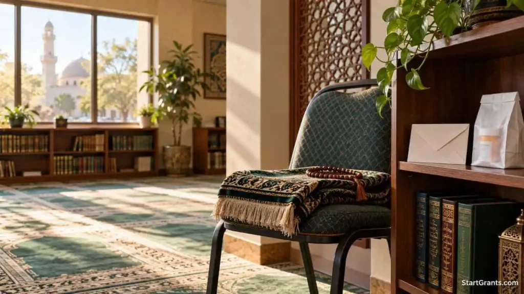 Folded prayer rug, prayer beads, sealed envelope, and pharmacy bag in a community room.