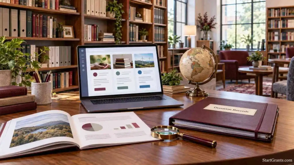 Laptop, annual report, and donation records folder at a nonprofit research station.