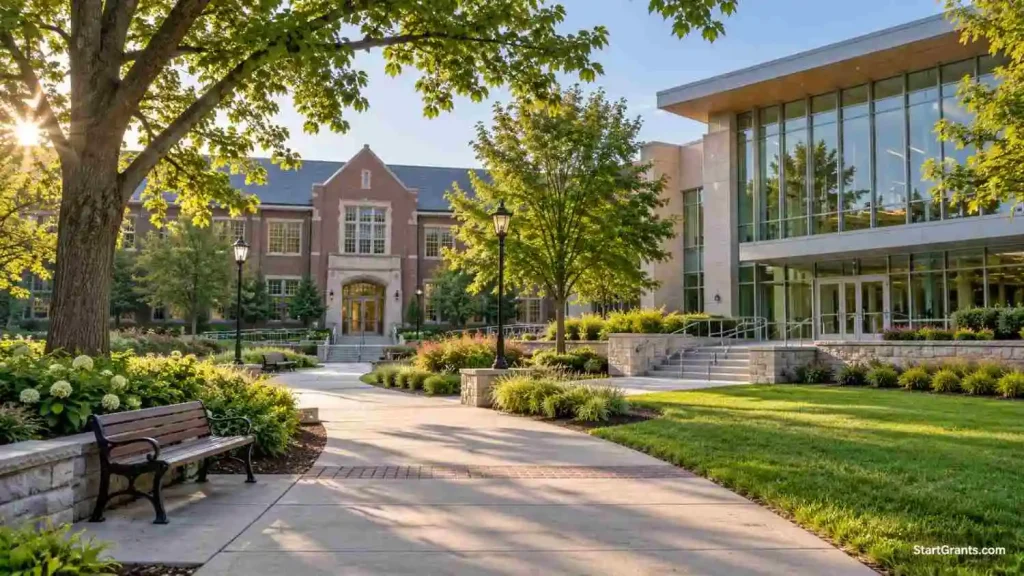 A landscaped college walkway leading to brick academic buildings and a library with accessible entrances.