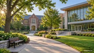 A landscaped college walkway leading to brick academic buildings and a library with accessible entrances.