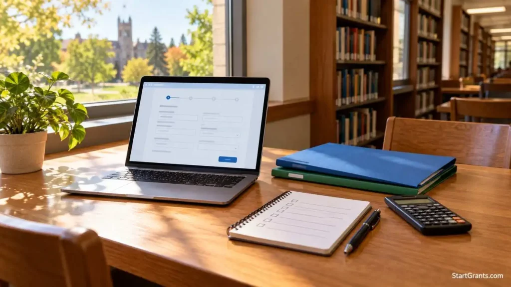 Laptop with a generic online form beside document folders, a calculator, and a notebook in an empty library study alcove.