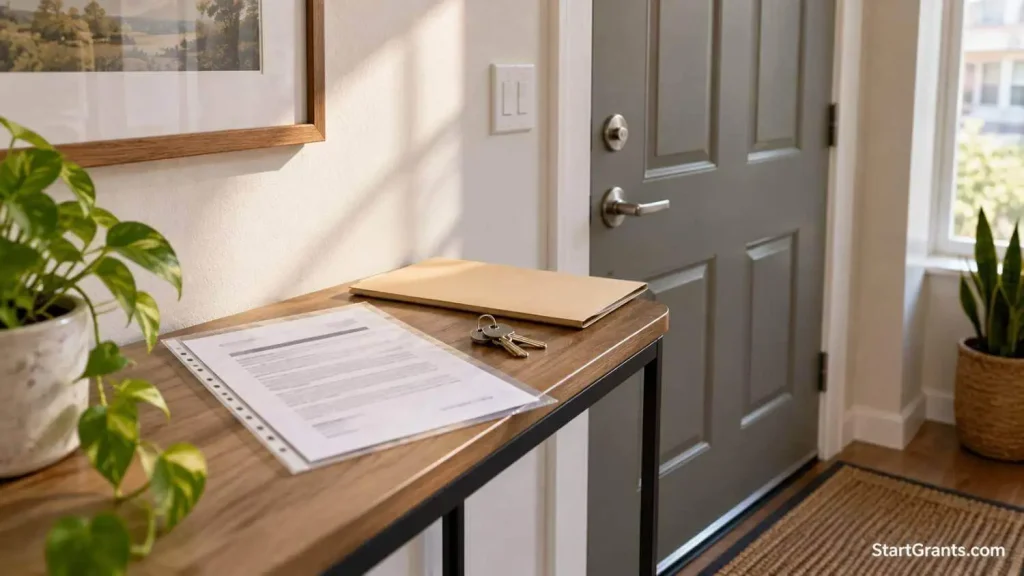 An eviction-related notice in a clear sleeve beside apartment keys and a document folder near a front door.