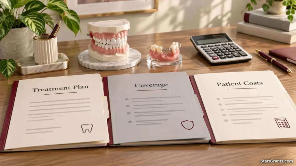 Dental and denture demonstration models beside a calculator and folders for treatment plans, coverage, and patient costs.