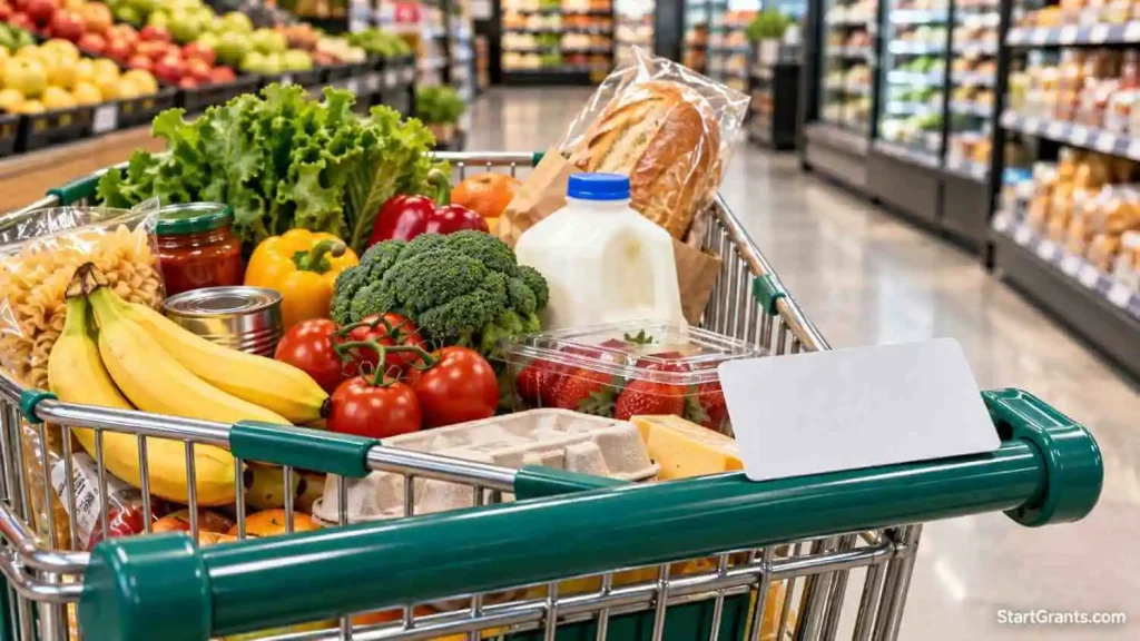 A generic benefits card beside fresh produce and groceries in a shopping cart.
