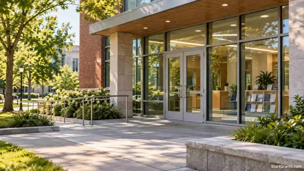 Exterior of a university financial aid office with an accessible walkway and trees.