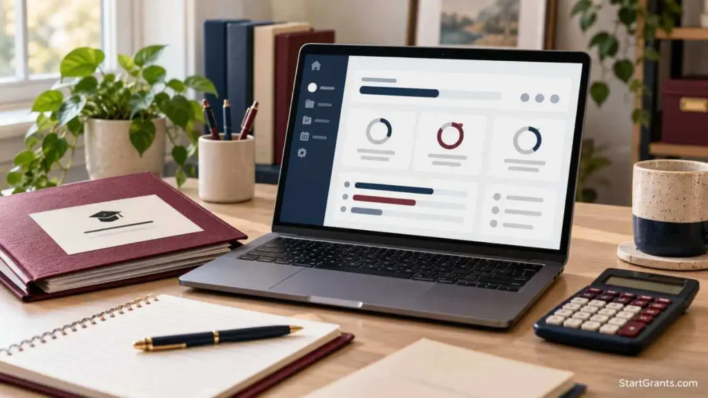 Laptop displaying a generic loan-management interface beside a notebook and loan folder.