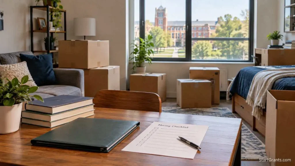 Moving boxes, books, and a checklist in an apartment near a campus.