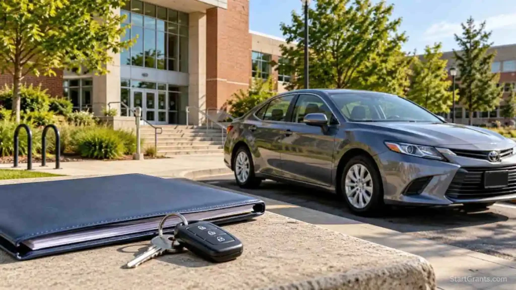 Used sedan outside a community college with car keys and a folder in the foreground.