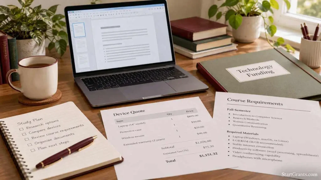 Technology grants for higher education planning with a laptop, course requirements, calculator, and device quote.