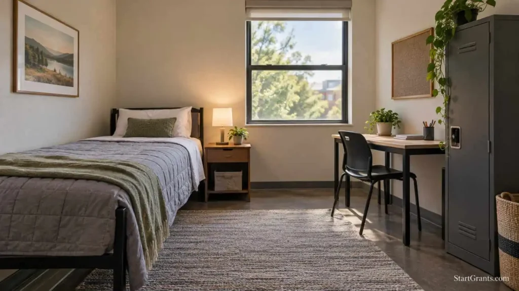 A modest bedroom with a single bed, desk, window, and storage cabinet.