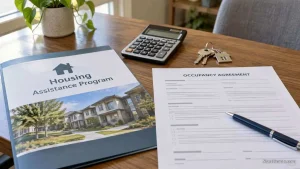 Blank housing agreement, calculator, pen, and keys on a table.