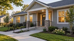 Exterior of a modest transitional housing residence with a walkway and lit windows.