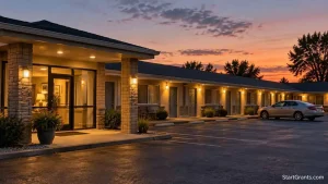 Modest roadside motel entrance illuminated at dusk.