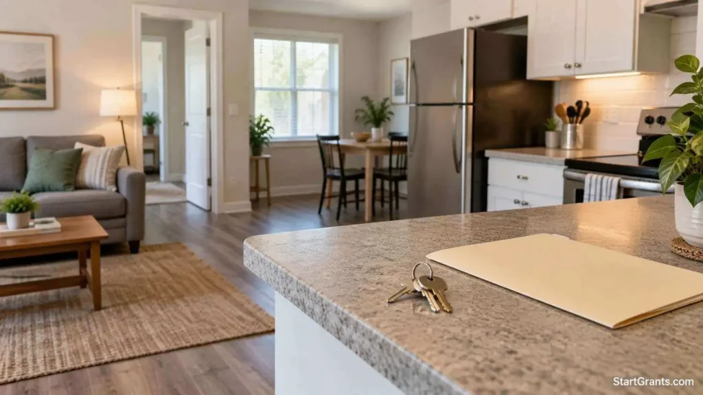 Apartment keys and an unmarked folder on a counter in a modest rental home.