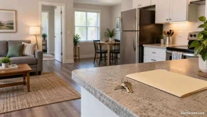 Apartment keys and an unmarked folder on a counter in a modest rental home.