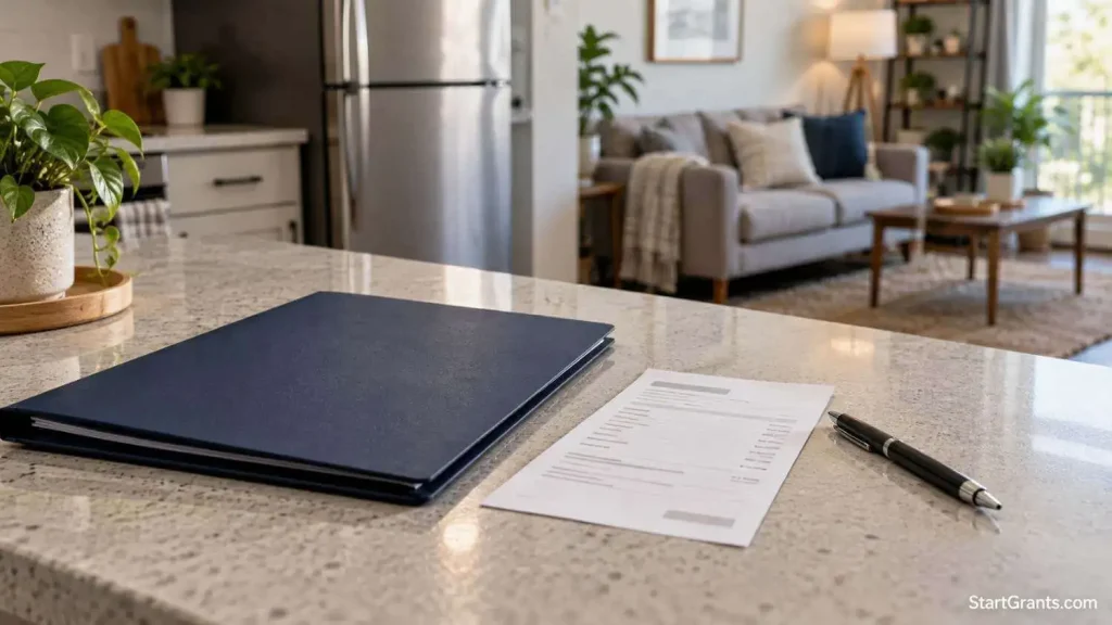 A rent-payment document folder, receipt, and pen arranged on an apartment kitchen counter.