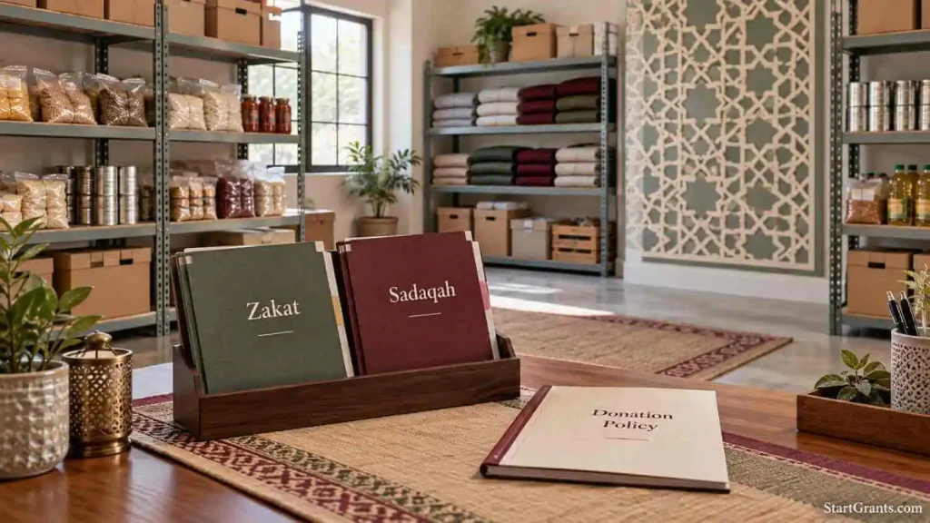 Zakat and sadaqah folders beside a donation policy booklet in an organized charity storeroom.